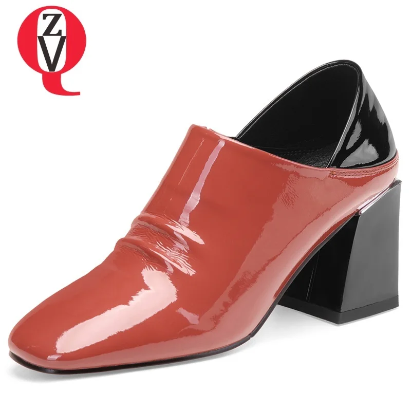 

ZVQ spring new fashion sexy women pumps mixed colors patent leather shoes women high square heel elastic band square toe shoes