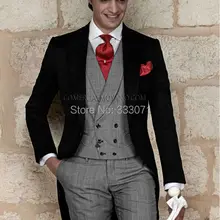 Итальянский утренний стиль черный джентльмен фрак 3 шт. смокинги жениха Мужские свадебные костюмы выпускного вечера серый жилет Блейзер masculino