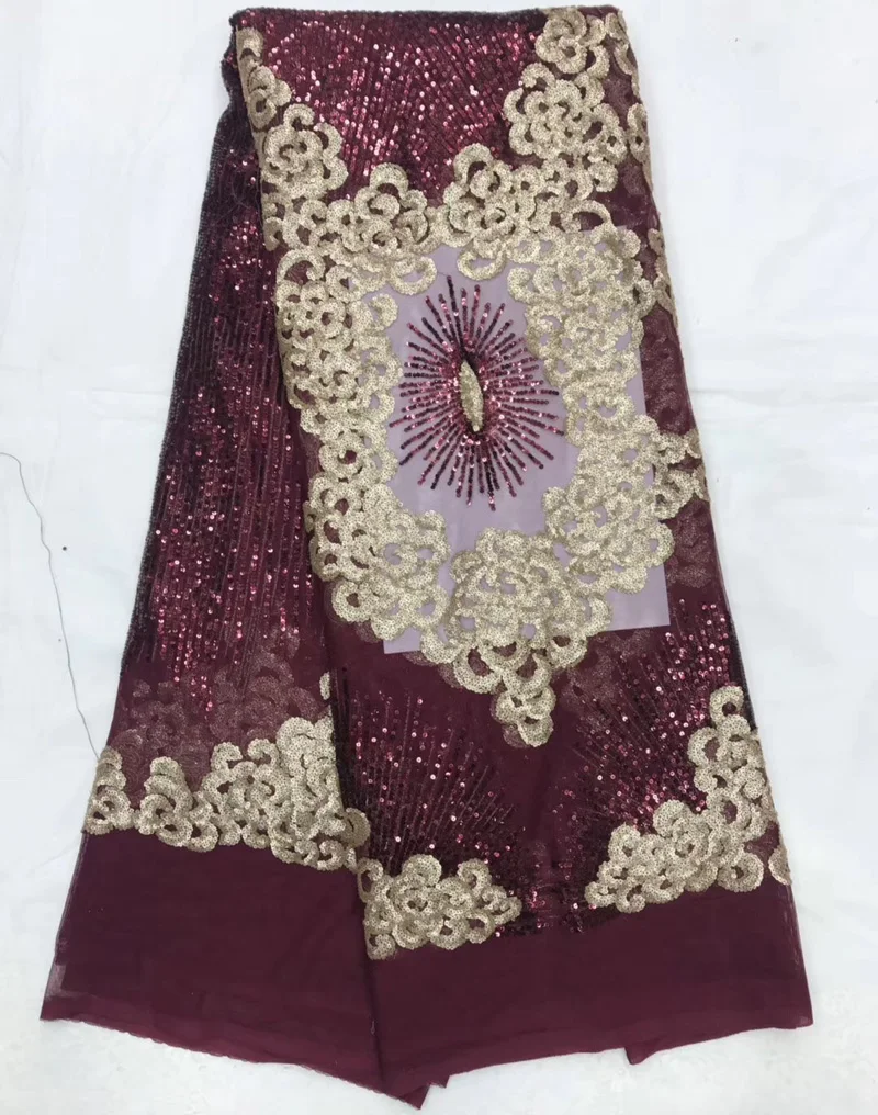 

(5yards/pc) latest design French lace fabric wine red and gold embroidered African sequins lace fabric for party dress FNS149