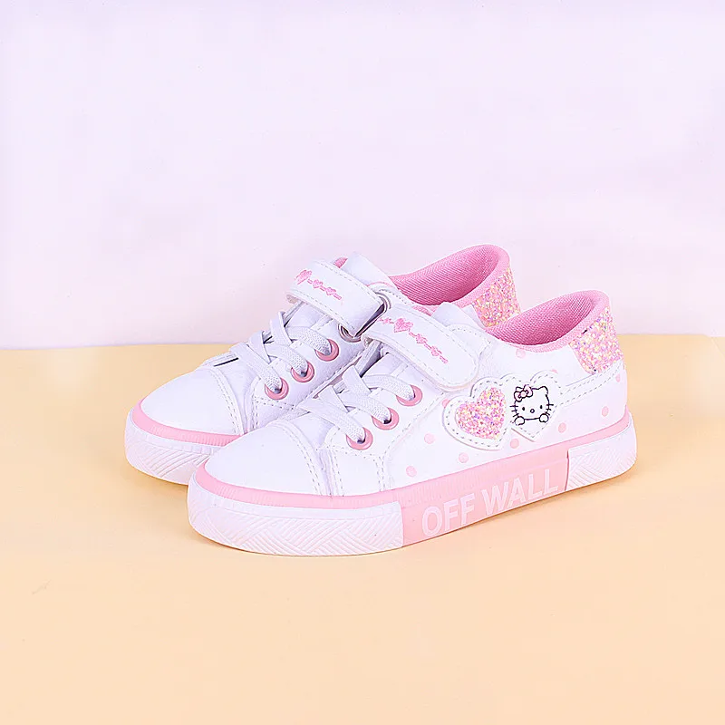 Новинка; обувь для больших девочек с принтом «Kitty Princess»; Детские повседневные кроссовки из искусственной кожи; обувь на плоской подошве с блестками; цвет белый, розовый; спортивная обувь