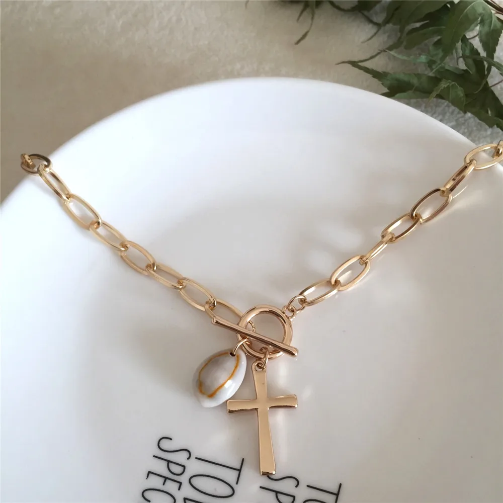 

TRENDY WOMEN NECKLACE GOLD COLOR PLATING CROSS NATURAL SHELL CHARM NECKLACE