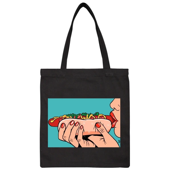 Black Hot dog Sausage Canvas Shoulder HandBag Tote Shopping Party Bag