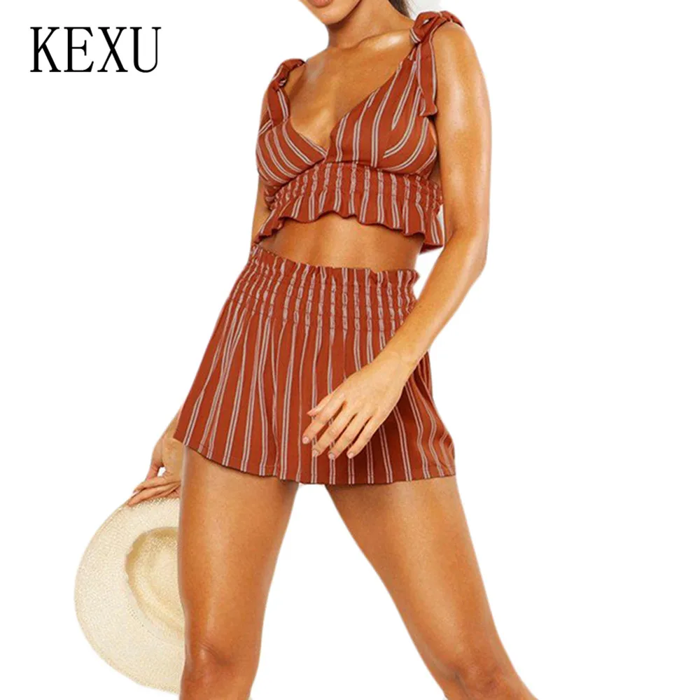 

KEXU Orange Pleated Waist Striped Shorts Suits Sexy Backless Chest Vest Shorts Two Pieces Sets Jumpsuits Women Summer Rompers