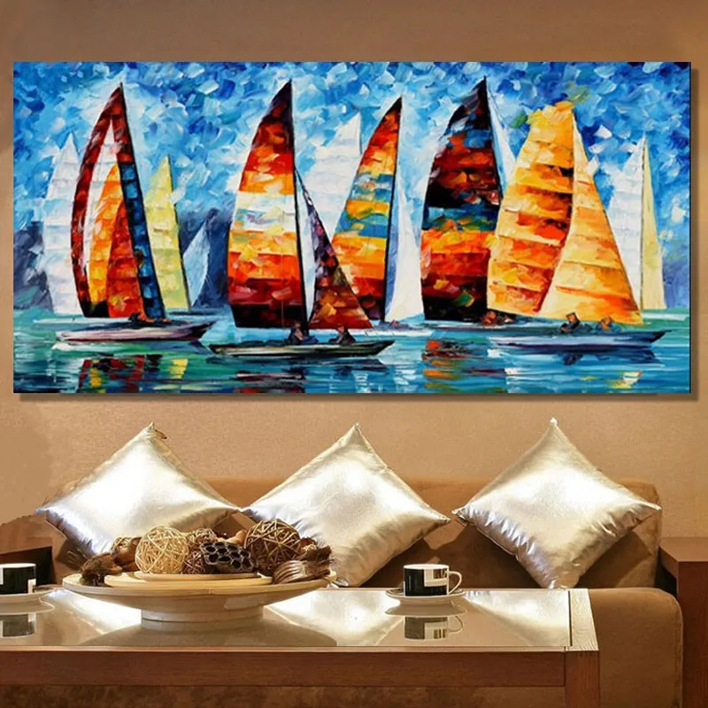 Handmade Knife Paintings Hand painted Abstract Sailboats Oil Painting