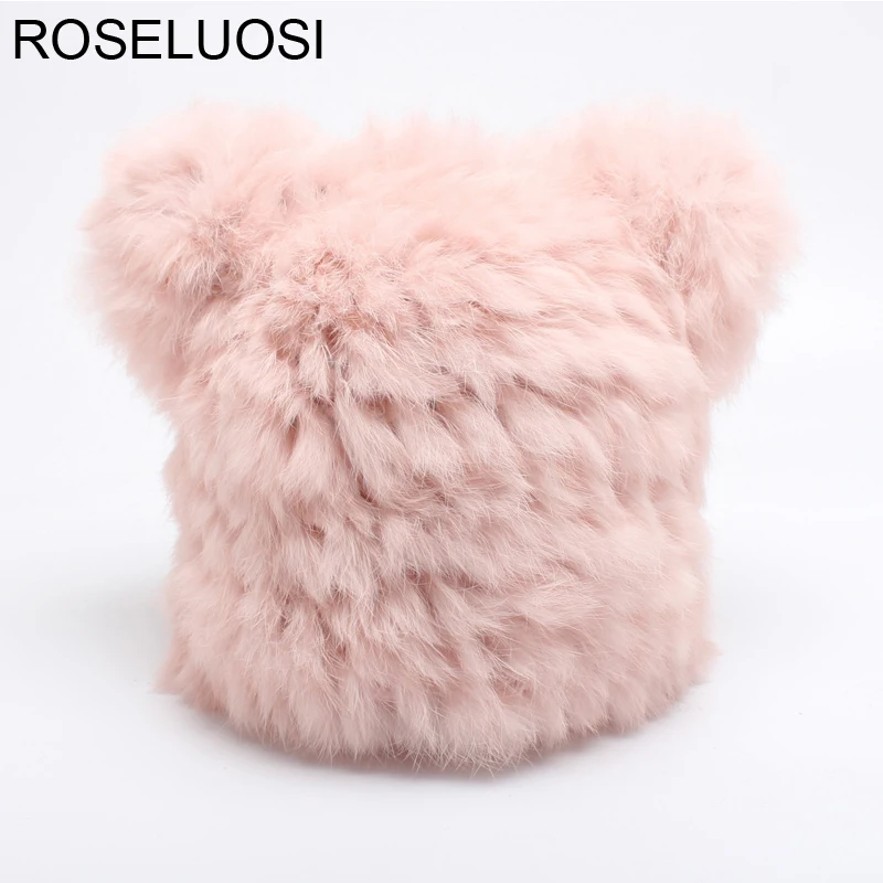 

ROSELUOSI Autumn Winter Real Rabbit Fur Hats For Kids Cute Panda Children Warm Hat With Ears Baby Warm Autumn Winter Beanies