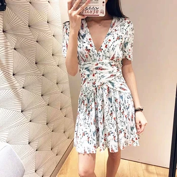 

2019 spring and summer new V neck short sleeve fold waist floral print girl sweet mini dress