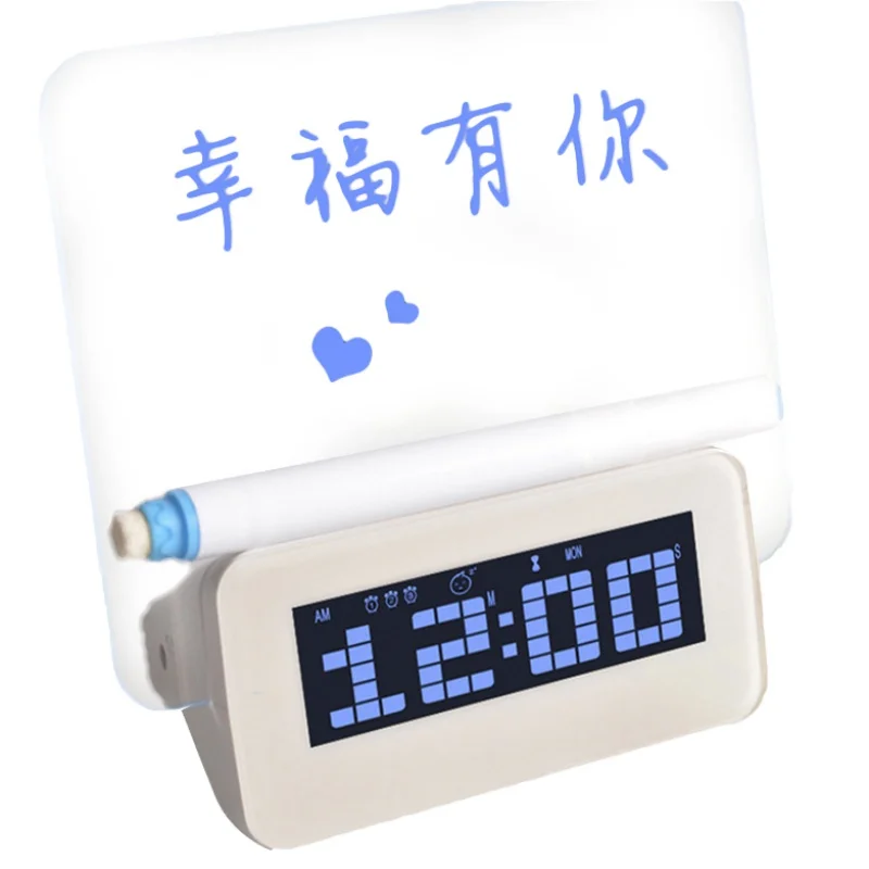 

LED Digital Alarm Clock Fluorescent Message Board USB 4 Port Hub Desktop Table Clock With Blue Calendar