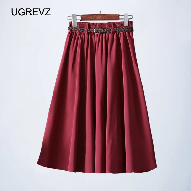 

7 Color Women Casual Elegant A-Line Belt Sashes Skirt 2019 New Knee-Length Nature Waist Female Skirt Summer Ladies Office Skirt