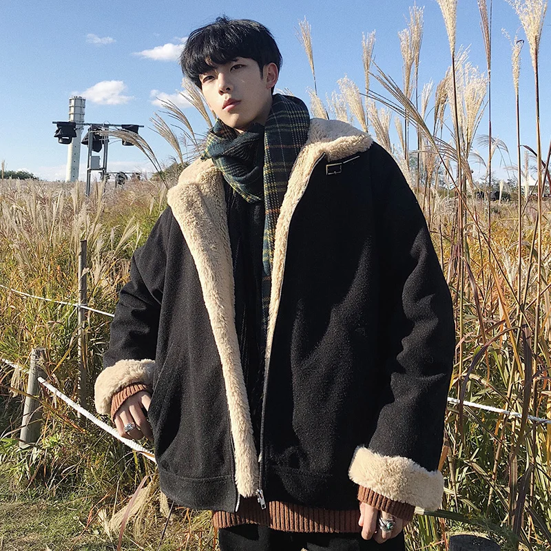 YASUGUOJI Fashion Thick Warm Wollen Coat Men Turn-down Collar Fleece Loose Zipper Short Mens Parka Jacket Winter | Мужская одежда