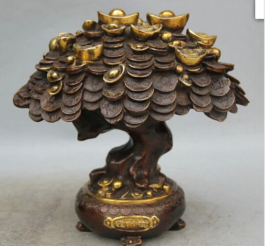 

B0601 321 10" Chinese Bronze Feng Shui Wealth Money Coin treasure bowl Money Tree