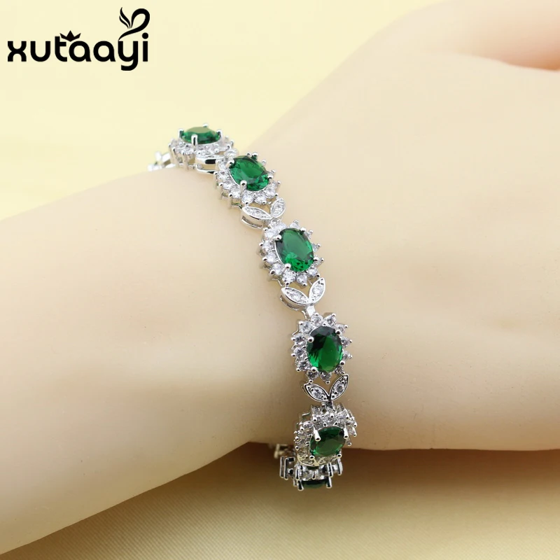 

New Flower Green Imitated Emerald White Crystal Sterling Silver Jewelry Overlay Adjustable Link Chain Bracelet Length 18+3 cm