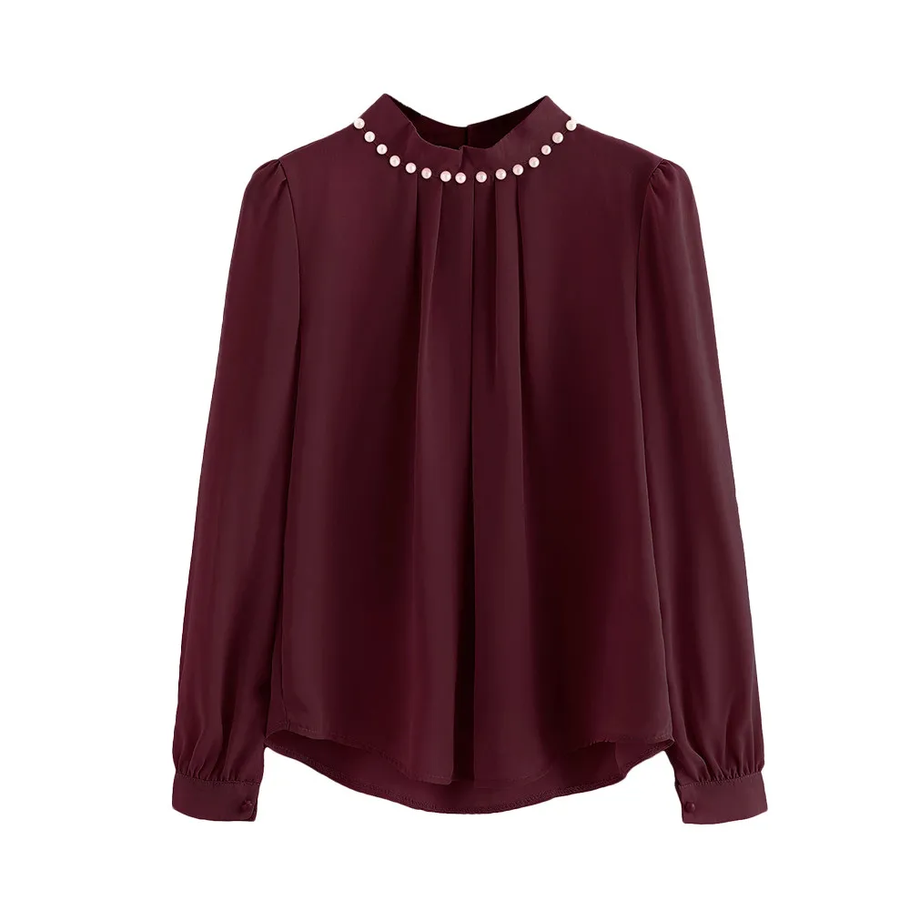 

JAYCOSIN Fashion Blouse Women Candy colors Chiffon Long Flare Sleeve High Neck Tops Solid Lady Full Shirt 0311