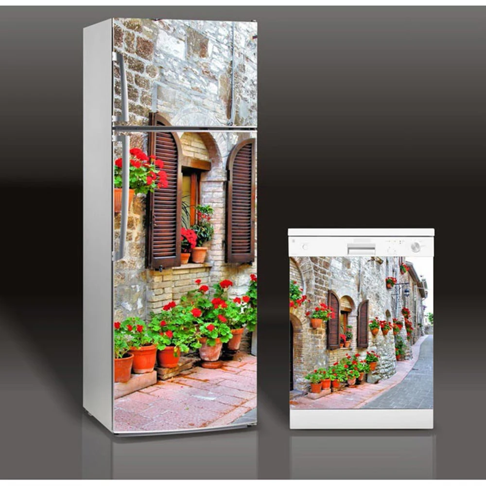 

Wholesale Red Flower Street Picture SelfAdhesive Dishwasher Refrigerator Freeze Sticker Kid's Art Fridge Door Cover Wallpaper