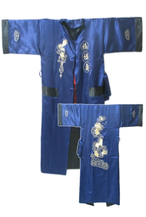Темно-синий черный реверсивный Китайский Мужской Атласный шелковый халат с двумя лицом кимоно с вышивкой банное платье Дракон один размер S3006