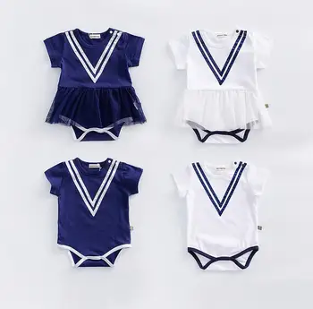 

1PC Ocean Navy Style Lace Baby Girl Romper Baby Shower Gift Summer Blue White Baby Boy Infant Girl Clothes 0-24Months