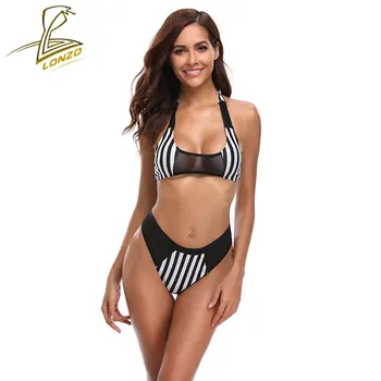 

LONZO High Waist Triangle Bikinis Mujer 2019 Sexy Halter Swimwear Hot Spring Stripes Bath Suit Perspective Mesh Swimsuit LSWB19