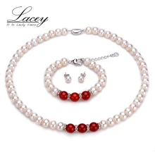 Verdadero clásico de la perla de la boda de las mujeres, 9-10mm blanco natural de la perla conjuntos de collar nupcial pulsera fina joyería de regalo de la madre
