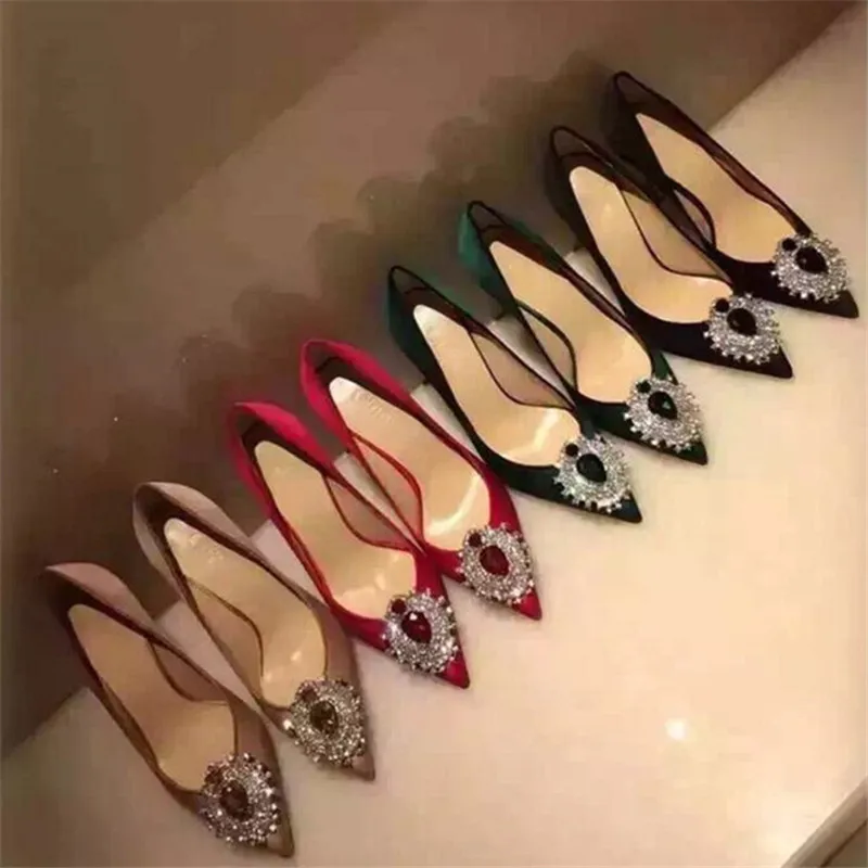 Sexy Pointed toe Woman Shoes Big Diamond High Heel Shoes Bride Crystal Wedding Shoes Red Black Green Pink Jeweled Ladies shoes