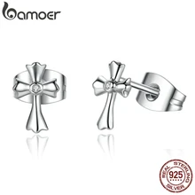 BAMOER, Настоящее серебро 925 пробы, Классический символ веры, серьги-гвоздики с крестом, чистое CZ, хорошее ювелирное изделие, Brincos SCE046