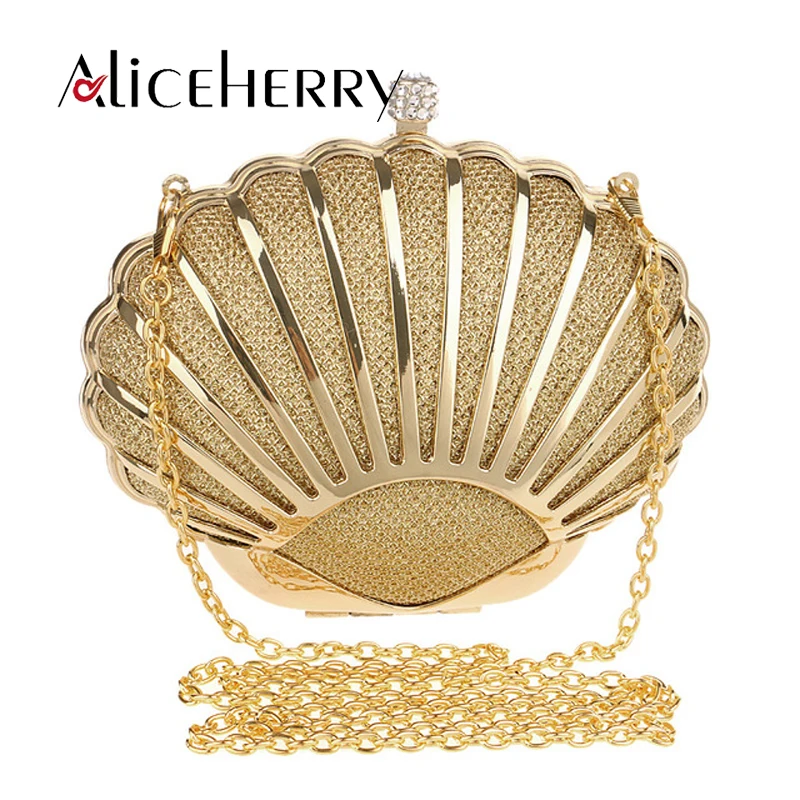 

Women Luxury Designer Shell Lady Evening Clutch Bag Fashion Party Purse Day Clutch Hard Alloy wallet Small crossbody Bags Gold