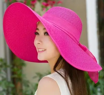 Bingyuanhaoxuan Солнцезащитная шляпа леди лето широкий наряду лук козырек Защита от солнца пляжная соломенная шляпа Mujer Кепки конфеты Цветной Шляпы широкополые для женщин для для женщин - Цвет: rose red