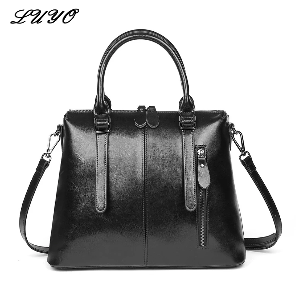 LUYO Brand Fashion Wax Oil Luxury Genuine Leather Briefcase Top handle