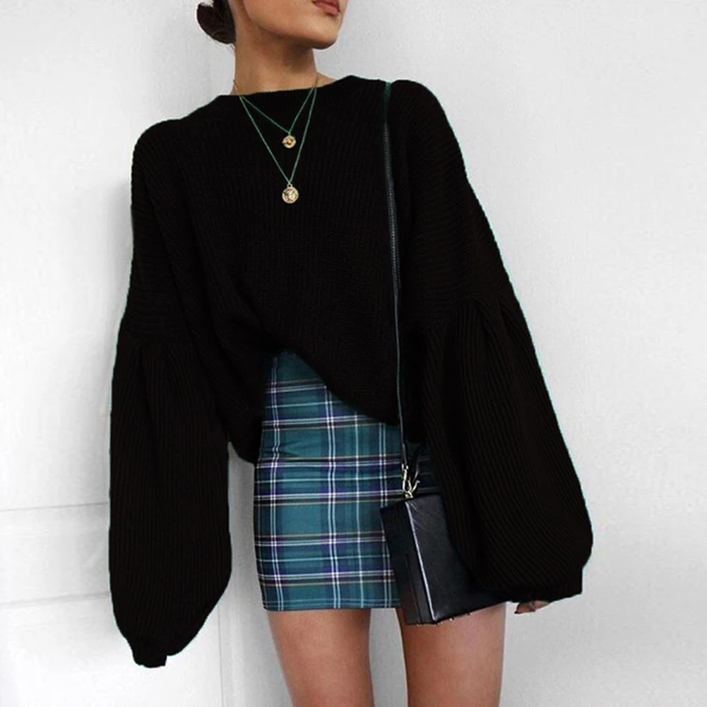 

Womens Sweater Baggy Computer Knitted Sweater Long Lantern Sleeve O-Neck Ladies Tops Chunky Oversized Solid Green Pullovers Hot
