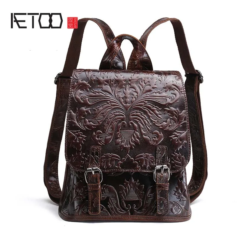 

BJYL New European and American oil wax leather simple shoulder bag women travel backpack leather embossed retro shoulder bag