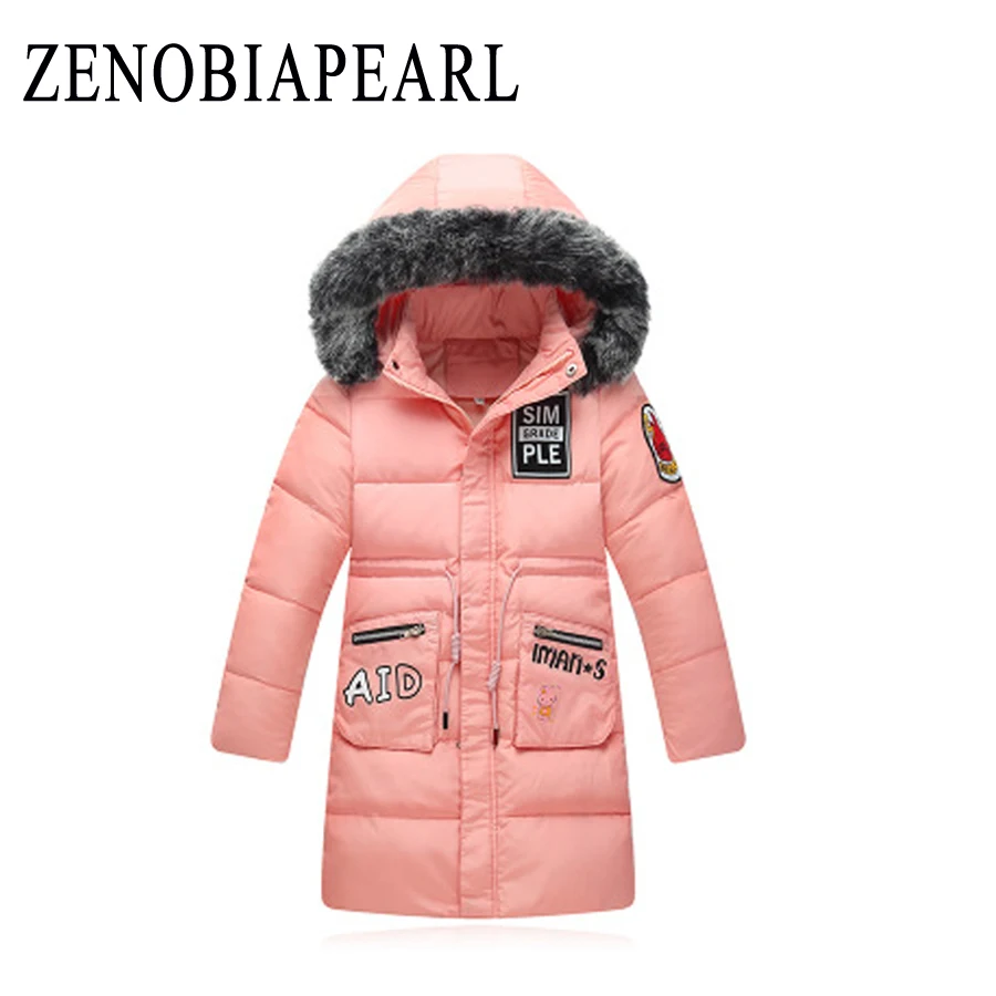 

ZENOBIAPE Children Cold Winter down Girls Thickening Warm Down Jackets Boys long Big Fur Hooded Outerwear Coats Kids Down Jacket