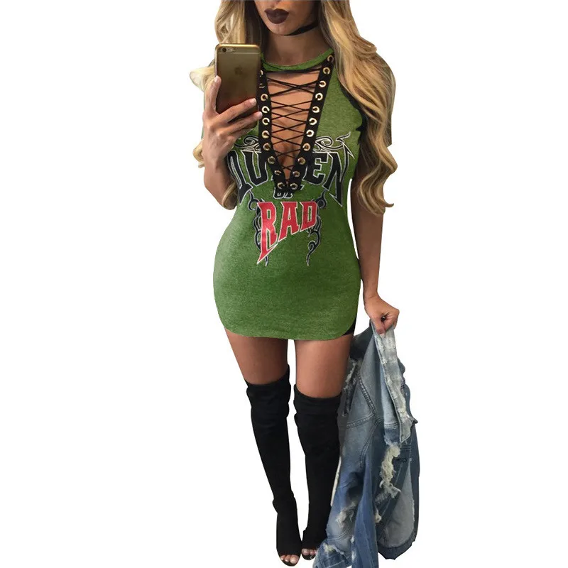 06 army green Ursohot, сексуальное женское мини платье с принтом, с воротником-чокер, на шнуровке,, Vestido, с коротким рукавом, повседневные, для ночного клуба, вечерние, летние платья - Цвет: 06 army green