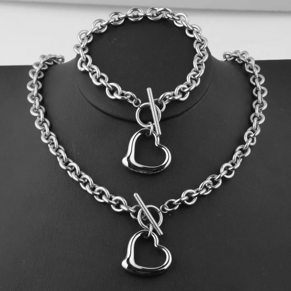 

New Design O T Buckle Women's Jewelry Silver Stainless Steel 8mm Handmade Heart Charm Necklace Bracelet Set