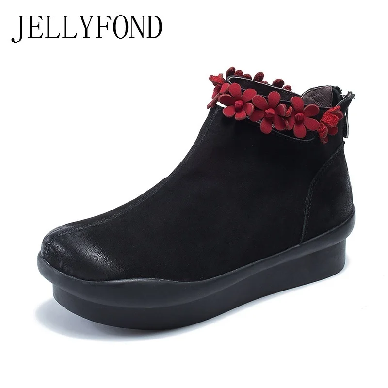 

JELLYFOND Sheepskin Platform High Heels Wedge Boots 2018 Autumn Handmade Flower Ankle Boots Women Genuine Leather Winter Shoes