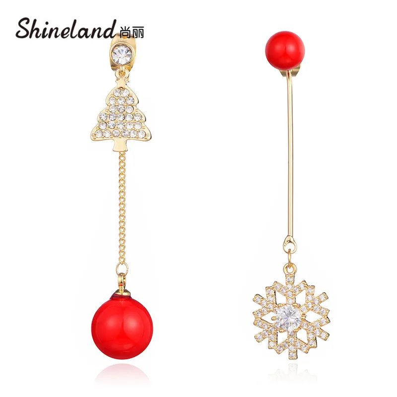 

Shineland Asymmetric Christmas Red Ball Round Zircon Snowflake Drop Dangle Earrings For Women Girls Gift Individual Jewelry