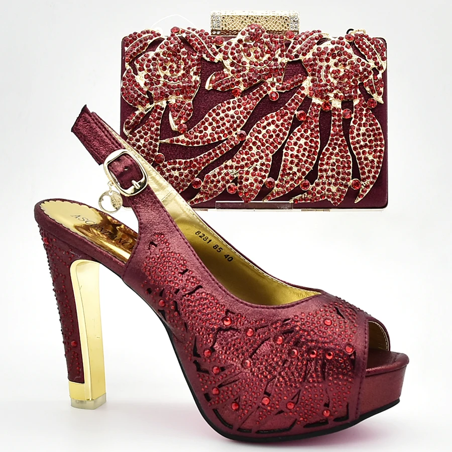 

New Arrival Wine Italian Pumps Shoes And Bags To Match Hot Sale Summer Party Shoes And Bag Set Free Shipping