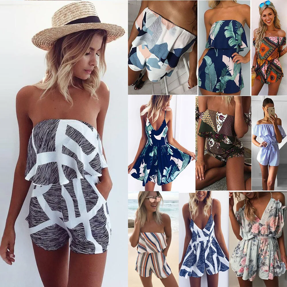 2019 الصيف بذلة المرأة مائل الرقبة مخطط كشكش الجسم فام طباعة Playsuit مثير وزرة للسيدات السروال القصير الشاطئ ارتداءها