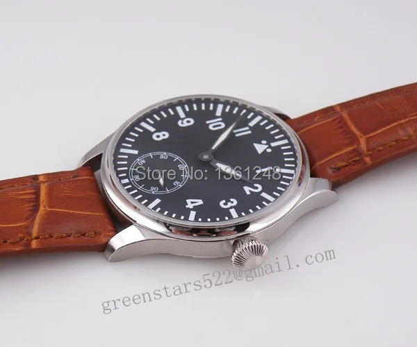 44 мм parnis черный циферблат синий светящийся Азия 6498 механический ручной обмотки коричневый кожаный ремешок мужские часы P110