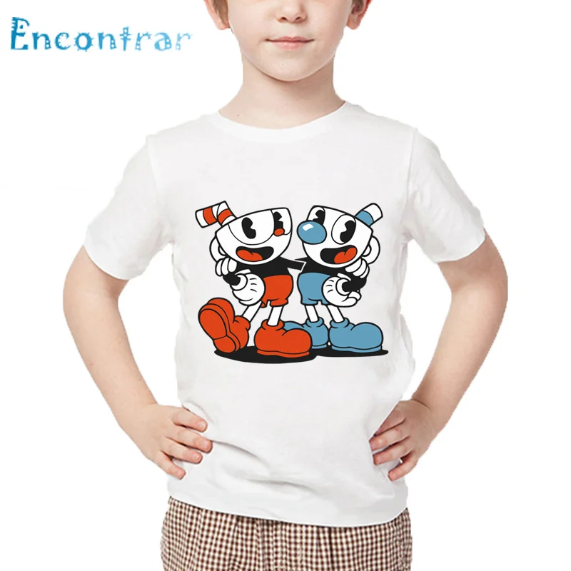 Maglietta Con Stampa Cuphead Per Bambini Cartoon T-Shirt Per Bambini Dabbing Cuphead Design Summer Tops T-Shirt Bianca Casual Per Ragazzi E Ragazze, H