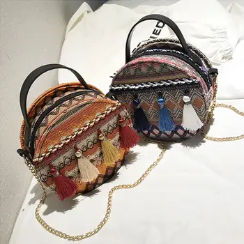 

Women Straw Bag Summer Beach Rattan Shoulder Bags Tassel Round Circle Chain Crossbody Bag Bohemian Woven Cute Bohos Feminina