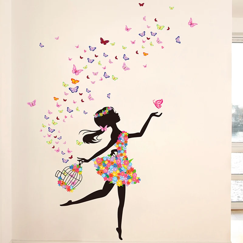 colorful buterfly flower girl wall sticker home decor pvc flower