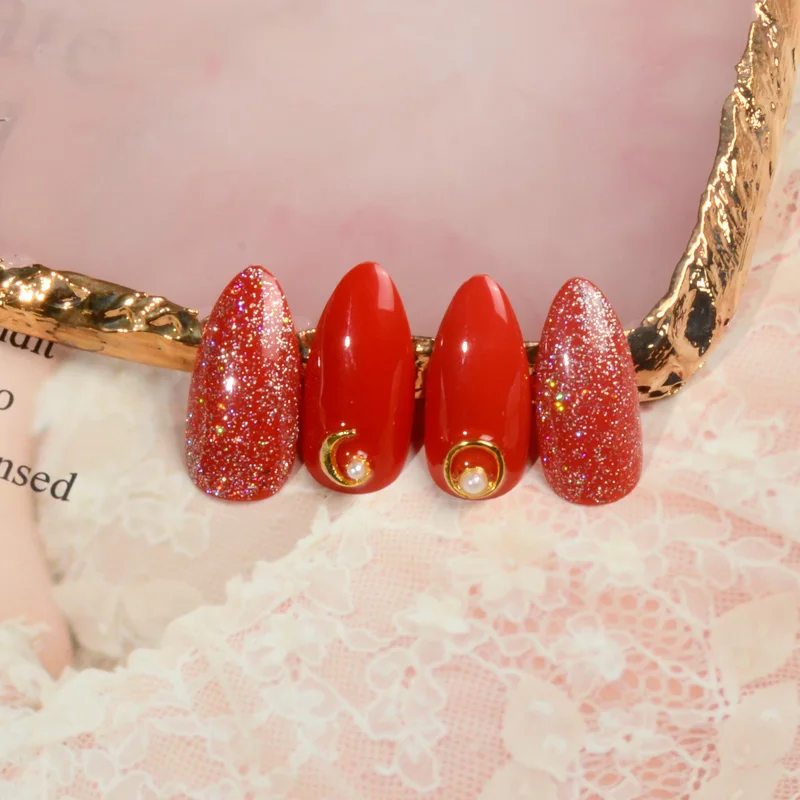 

Shining red Stiletto false Nails Moon metal decoration press on tips free stickers