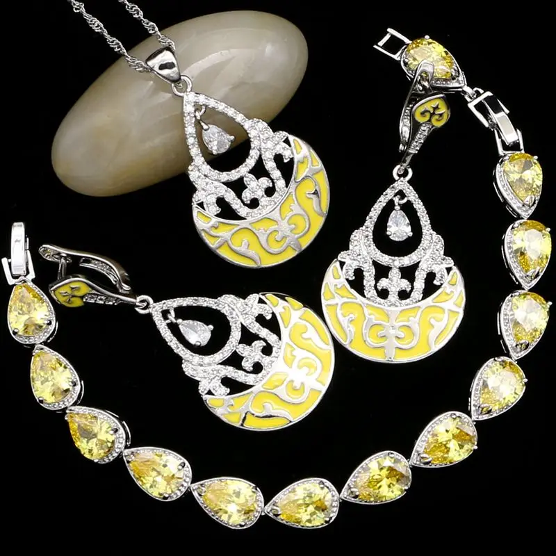 Silver 925 Bridal Jewelry Sets For Women Bright Yellow Pattern White Crystal Earrings/Pendant/Necklace/Zircon Bracelet | Украшения и