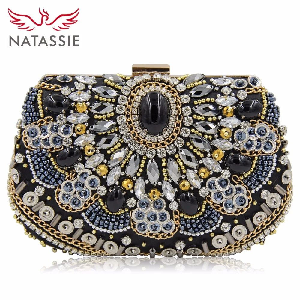 

NATASSIE Women Beaded Clutches Wedding Bag Evening Bags With Stone Black Purse Elegant Ladies Day Clutches