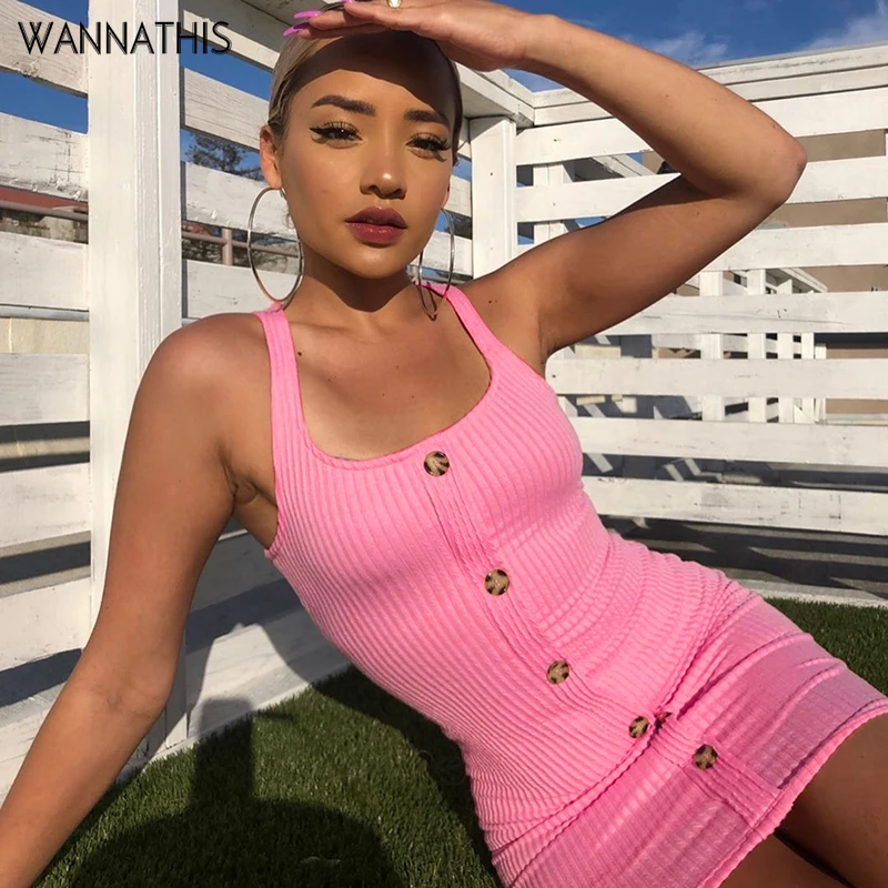 

WannaThis Spaghetti Strap Knitted Summer Dress Buttons Slash Neck Sleevesless Slim Casual Elastic Sexy Pink MIni Dress