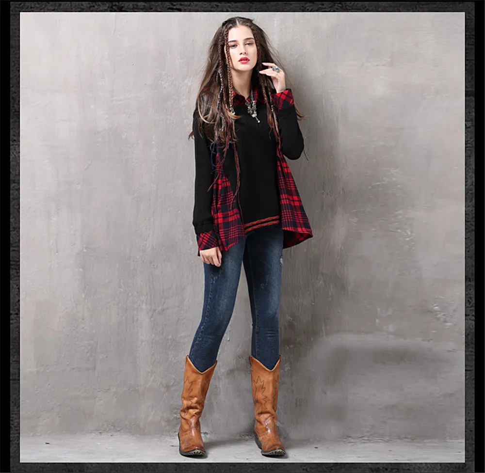 Vintage Patchwork Fake 2 Piece Women Blouse Knitted Plaid Long Sleeve Turn-down Collar Shirt Blouse For women Winter Top  (6)