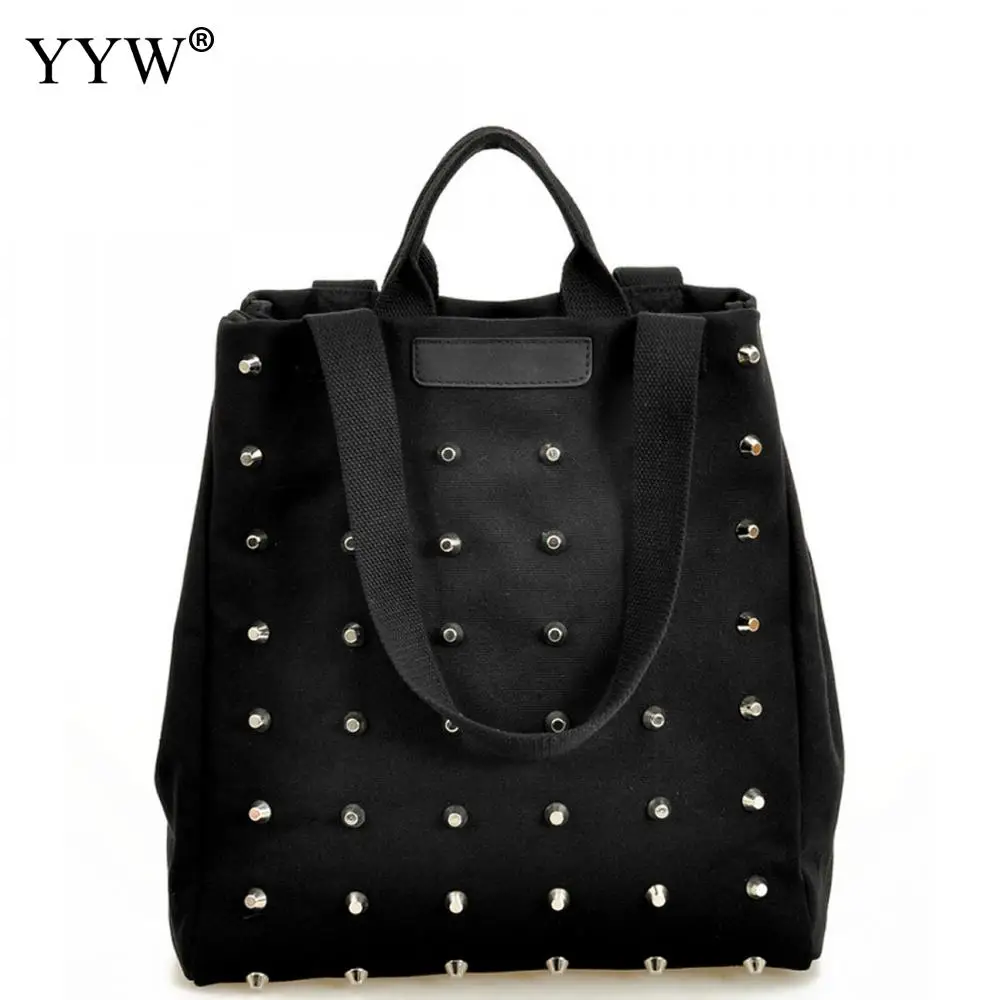 

Canvas Top-Handle Bags Women Shoulder Handbag with Rivet Cheap Black Tote Bags Studded Solid Hand Bags High Quality Bolsos Mujer