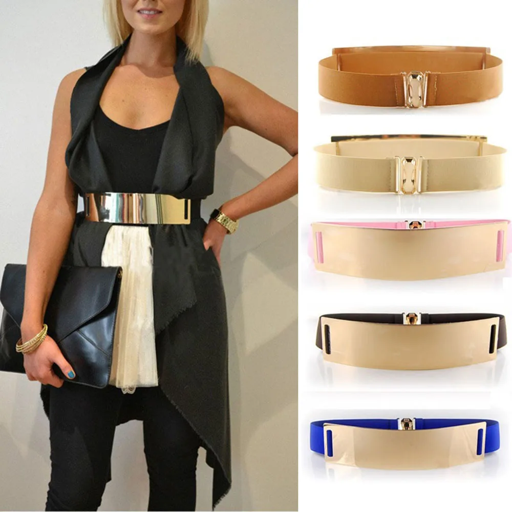 Elastic Mirror Golden Metal Waist Belt Metallic Bling Plate Wide Band ...