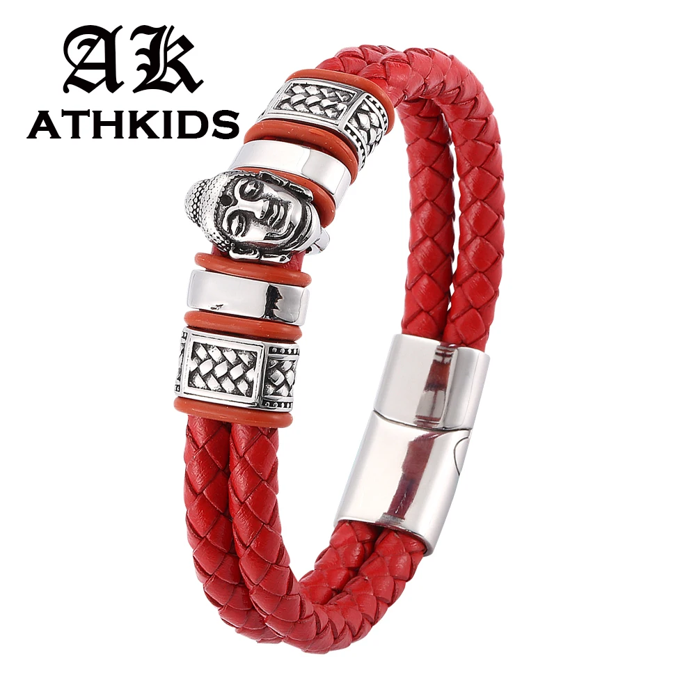 Red Genuine Leather Bracelet &amp Bangle Buddha Head Accessories Stainless Steel for Blessing Men Lucky Jewelry PD0103 | Украшения и