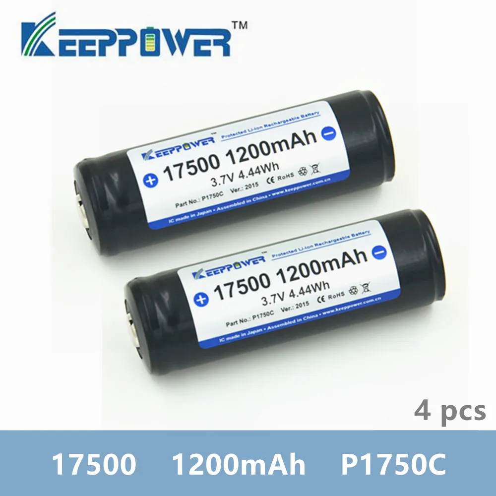 

4 pcs Keeppower 17500 1200mAh 3.7V P1750C 4.44Wh Protected Rechargeable Lithium Battery Li-ion Batteries for vape flashlight