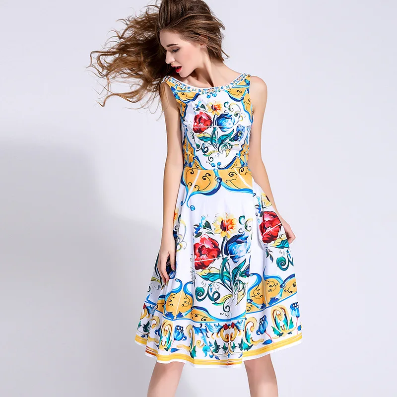 

New 2016 summer fashion brand women floral porcelain tile print dress sleeveless casual knee length stunning dresses sexy