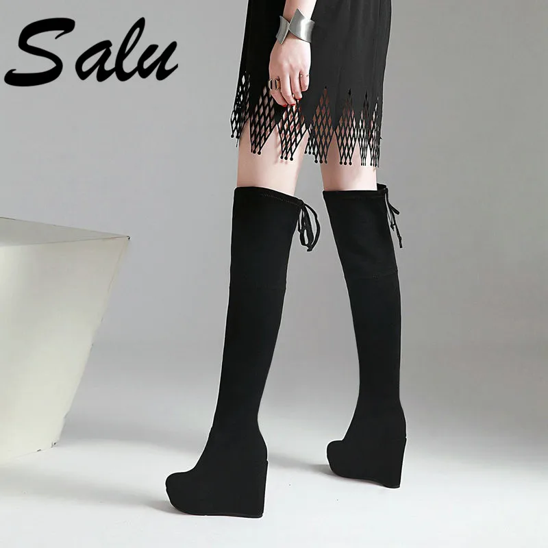 

Salu New Flock Women Warm Autumn Winter Tight High Boots Fashion Solid Quality Riding Shoes Woman Over The Knee Boots